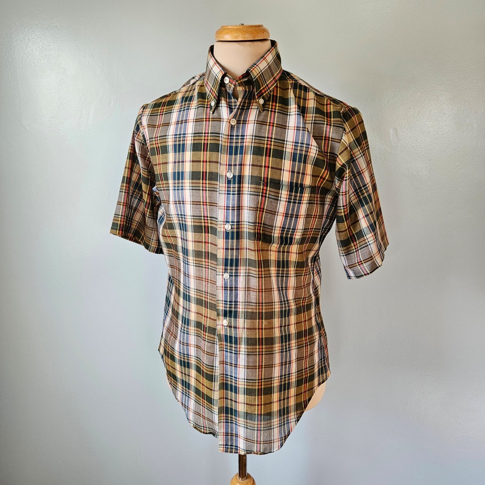 Vtg 60s Sears Plaid Short Sleeve Button Down Shirt Men Green Tan Multi Color M
